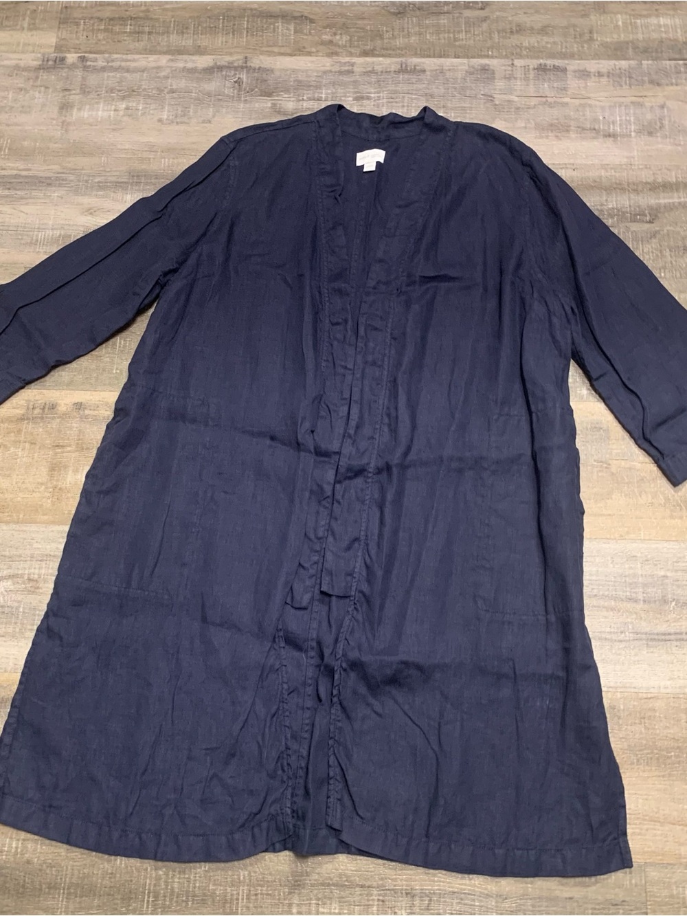 Pure Jill Garment Dyed Navy Blue Linen Open Front Long Cardigan Pockets Large